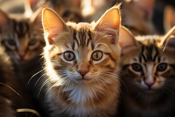 A group of kittens is in a circle with one of them with the photo of a cat and t, generative IA