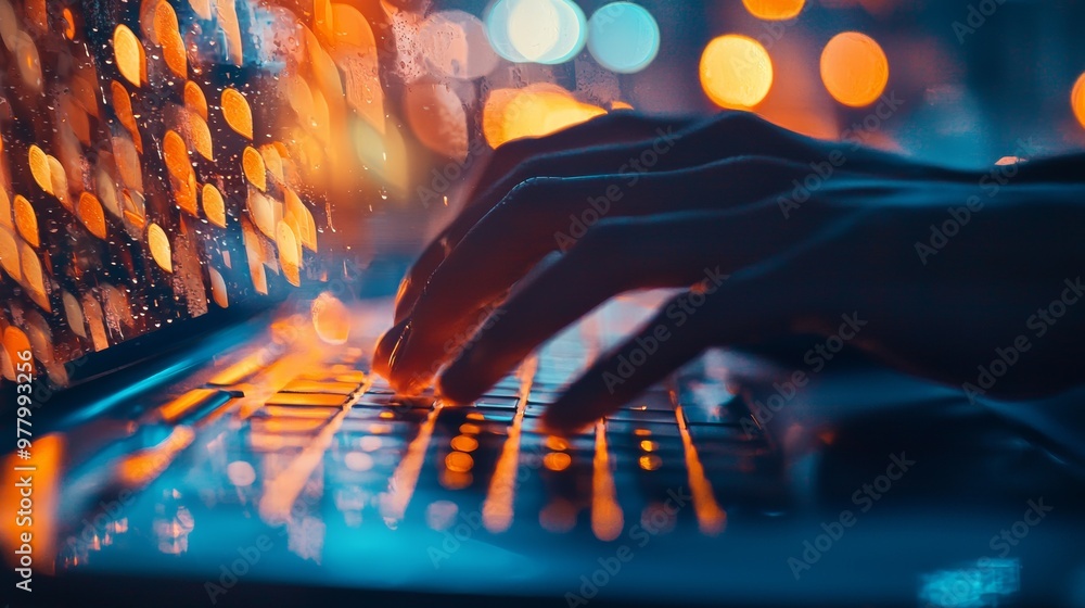 Poster close-up of hands typing on a laptop with abstract bokeh lighting