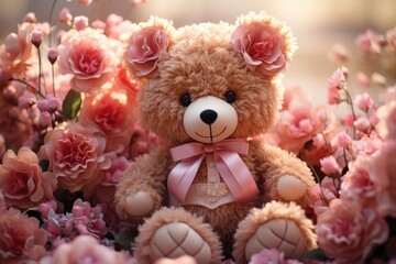 An illustration of the cartoons of a cute teddy bear with flowers and a pink bac, generative IA