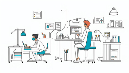 Illustrative abstract depiction in fine line drawing of a scientist performing scientific experiments in a laboratory