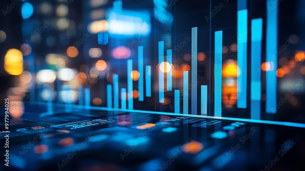 Poster abstract graph on digital screen with bokeh city lights in the background