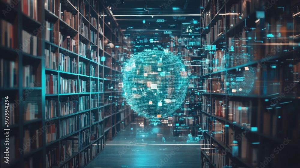 Poster digital sphere with data floating in a futuristic library setting