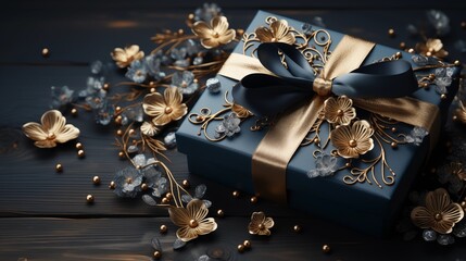 Dark blue gift box with elegant gold ribbon on dark background. Greeting gift with copy space for birthday