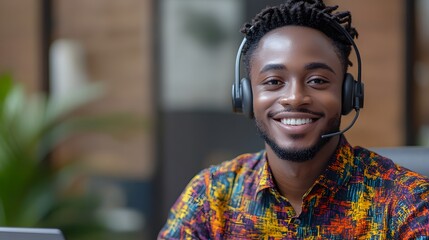 Confident customer service agent with headset smiling in a modern office environment