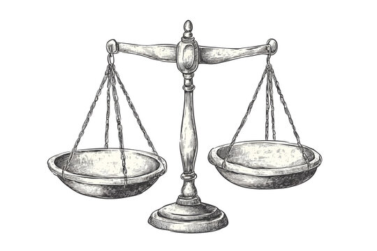 hand-drawn scales of justice in detailed black and white sketch isolated png transparent background