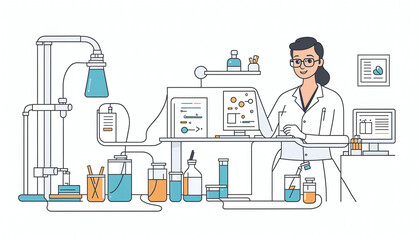 Illustrative abstract depiction in fine line drawing of a scientist performing scientific experiments in a laboratory