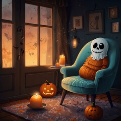 Kawaii Ghost in Cozy Halloween Hygge Room with Fireplace and Knitting Charm