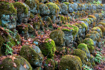 Moss-covered stone statues with autumn leaves in a peaceful setting