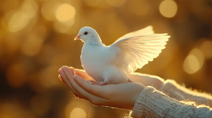 child's hands holding white dove, photo, illustration, international day of peace, september 21, symbol, pigeon, flight, wings, feathers, bird, animal, postcard, biblical, world peace day, freedom