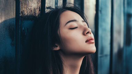 Fototapeta premium Girl dreaming with closed eyes by a window covered in raindrops