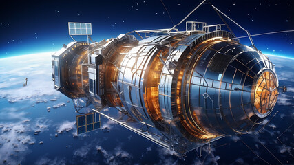 Satellite Spaceship in outer space planet orbit Planet Astronomy Internet Communication Network Enginering Blueprint Wireframe