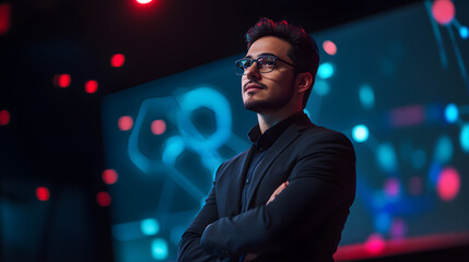 Fototapeta premium Startup founder presenting new AI-powered tech at innovation summit