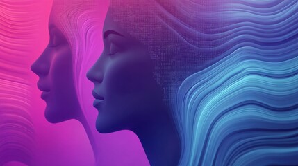 Obraz premium Two women with wavy hair in front of a purple and blue background, AI