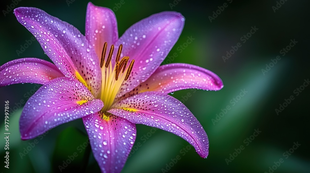 Sticker A purple lily with yellow center and green leaves, AI