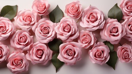 Decorative web banner. Close up of blooming pink roses flowers and petals isolated on white table background. Floral frame composition. Empty space, flat lay, top view