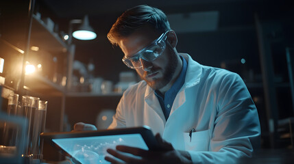 Fototapeta premium Engineer designing innovative product on tablet in high-tech lab