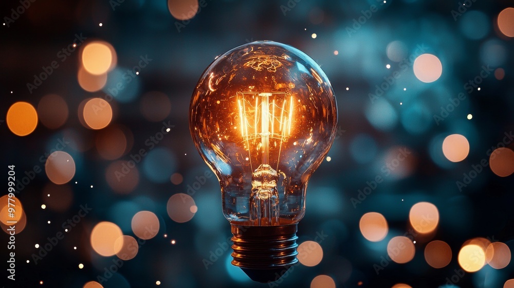 Poster glowing lightbulb with bokeh background representing creativity