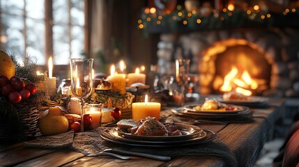 Rustic dining table with hearty comfort food and warm inviting ambiance wallpaper