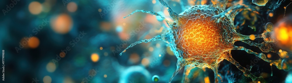 Poster close-up of a colorful cell with intricate details, showcasing a vibrant biological structure in a m