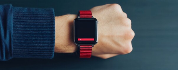 Close-up of a hand wearing a modern smartwatch with a vibrant red strap, showcasing digital display against a dark background.