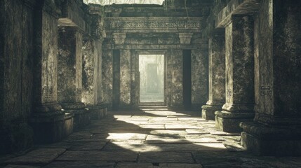 Sunlit Pathway Through a Moss-Covered Ancient Temple Corridor
