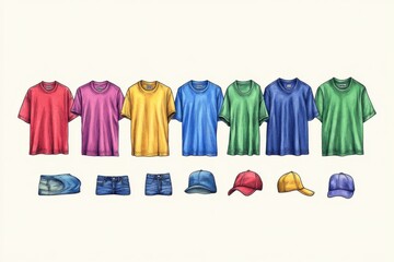 Many different colored shirts and hats on a white background