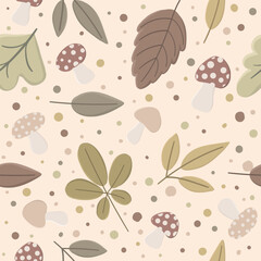 Autumn seamless pattern with  leaves and mushrooms 