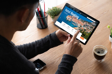 Online hotel accommodation booking website provide modish reservation system . Travel technology concept .