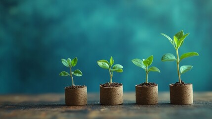four small plants at different stages of growth, each planted in biodegradable pots. The background is a soft blue-green, emphasizing the natural development of the plants on a wooden surface.