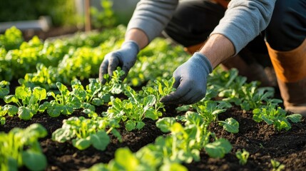Fototapeta premium Gardener Tending to Fresh Green Plants in a Vegetable Garden on a Sunny Day