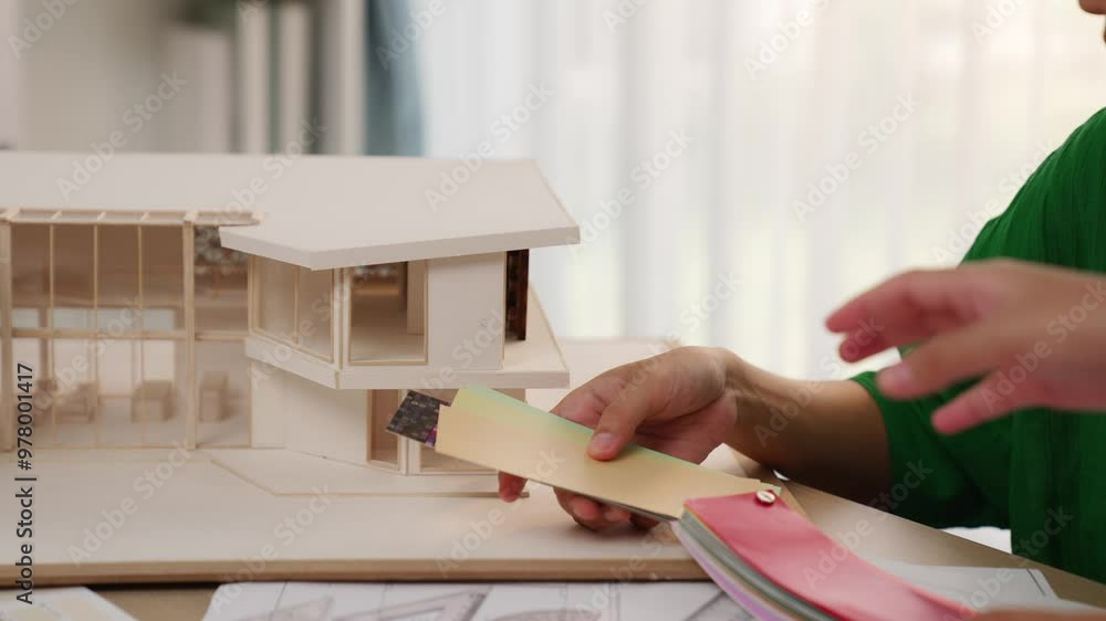 Poster slow motion interior designer using architectural equipment draw a blueprint while interior designer