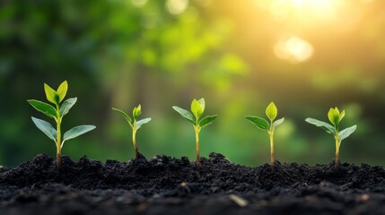 seedlings growing in dark soil, each with vibrant green leaves. They are illuminated by warm, golden sunlight, creating a serene and hopeful atmosphere. The softly blurred background