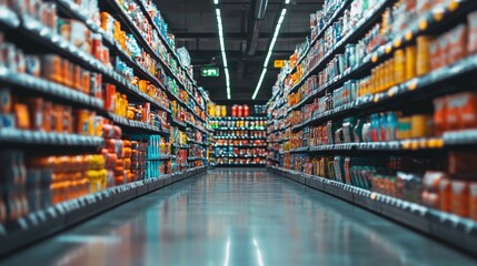 Supermarket aisle with fully stocked shelves of colorful products