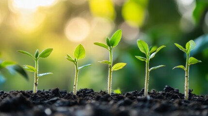 seedlings growing in dark soil, each with vibrant green leaves. They are illuminated by warm, golden sunlight, creating a serene and hopeful atmosphere. The softly blurred background