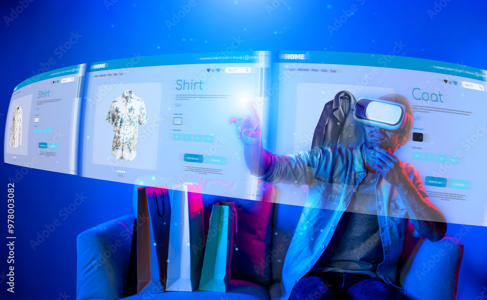 Aufkleber caucasian man choosing and selecting product for shopping list while wearing visual reality goggles.