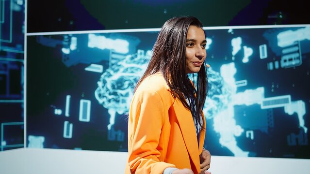 Upbeat presenters speak at AI forum gathering tech startups managers, investors and academics. IT specialists moderating discussion panels helping companies tap into artificial intelligence, camera B