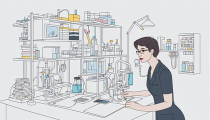Illustrative abstract depiction in fine line drawing of a scientist performing scientific experiments in a laboratory
