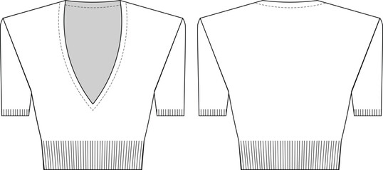 curved v neck ribbed cuff short sleeves ribbed hem cropped crop knitted blouse top sweater template technical drawing flat sketch cad mockup fashion woman design style model
