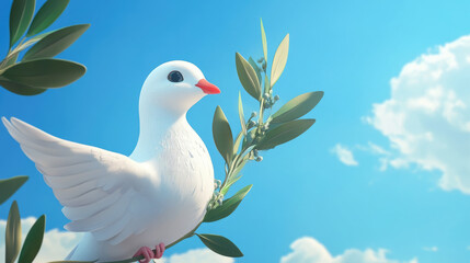 3D illustration of white dove with olive branch in beak against blue sky, International Day of Peace, September 21, symbol, pigeon, flight, wings, feathers, bird, animal, postcard, biblical story