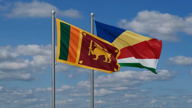 Seychelles and Sri Lanka flags flying together, video concept of the relationship, two country relations concept