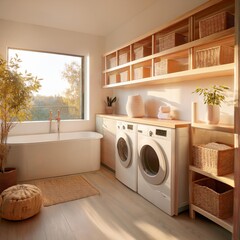 Minimalist laundry room with clean lines and neutral color palette