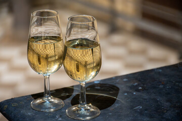 Sherry wine glasses with fino and old church on background at night in Jerez de la Frontera, wine glasses outdoor, cityview, Andalusia, Spain