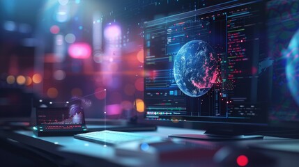 Futuristic data visualization on multiple screens with global network graphics