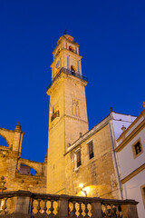 Walking in old part of Jerez de la Frontera, Sherry wine making town, Andalusia, Spain in summer, architectural details, Andalusian style, churches and towers