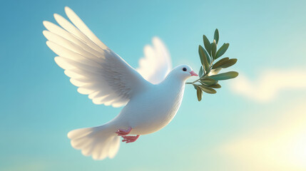 Obraz premium 3D illustration of white dove with olive branch in beak against blue sky, International Day of Peace, September 21, symbol, pigeon, flight, wings, feathers, bird, animal, postcard, biblical story