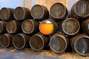 Flor, film of yeast in solera system in old Andalusian wine cellar, process for aging sherry wine in barrels, jerez fortified wine, Sanlucar de Barrameda, Cadiz, Andalusia, Spain