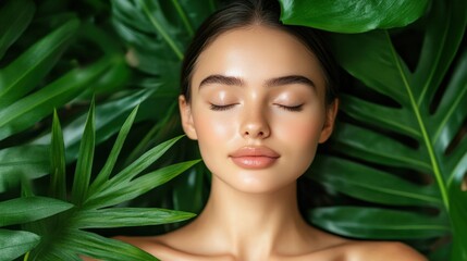 Fototapeta premium Natural Beauty Portrait with Tropical Leaf Backdrop