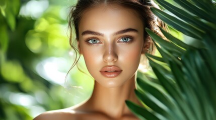 Naklejka premium Tropical-Inspired Portrait of a Woman with Perfect Skin