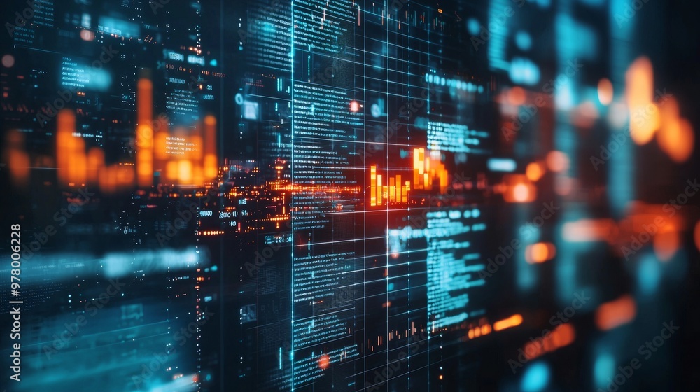 Poster abstract digital data matrix with glowing orange and blue elements