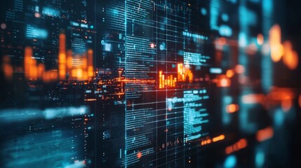 Abstract digital data matrix with glowing orange and blue elements